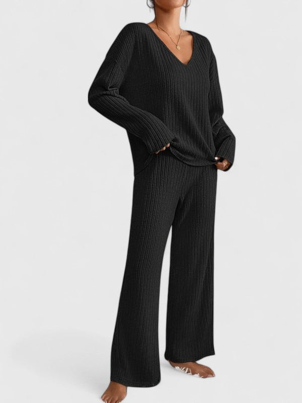 Angéline™ Ensemble Confortable | Pull Col V et Pantalon Large Côtelé