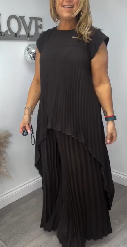 Sherry™ Ensemble Haut Plissé Midi et Pantalon Large | Ensemble Élégant