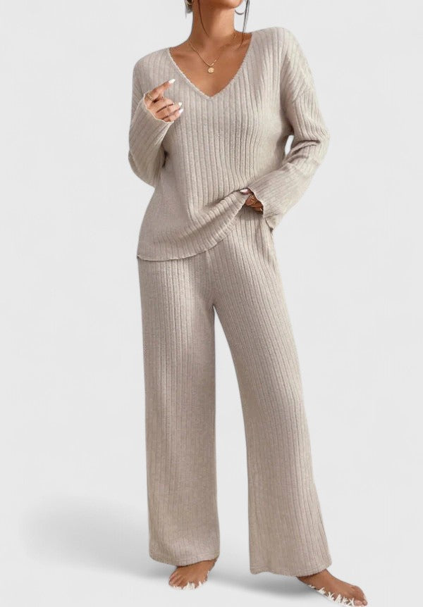 Angéline™ Ensemble Confortable | Pull Col V et Pantalon Large Côtelé