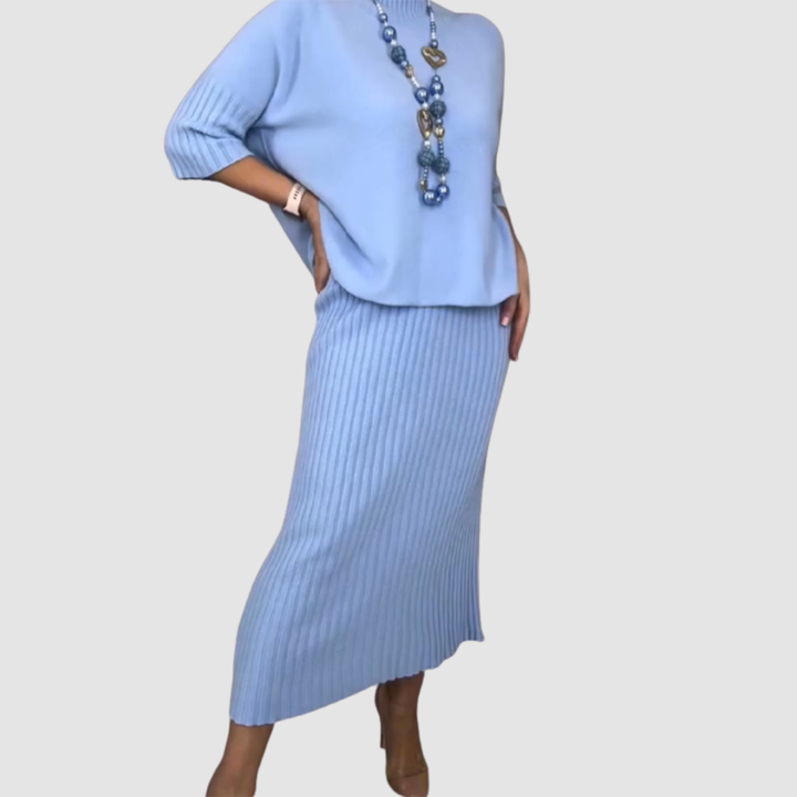 Delissa™ Ensemble Élégant | Haut Décontracté et Jupe Midi Côtelée