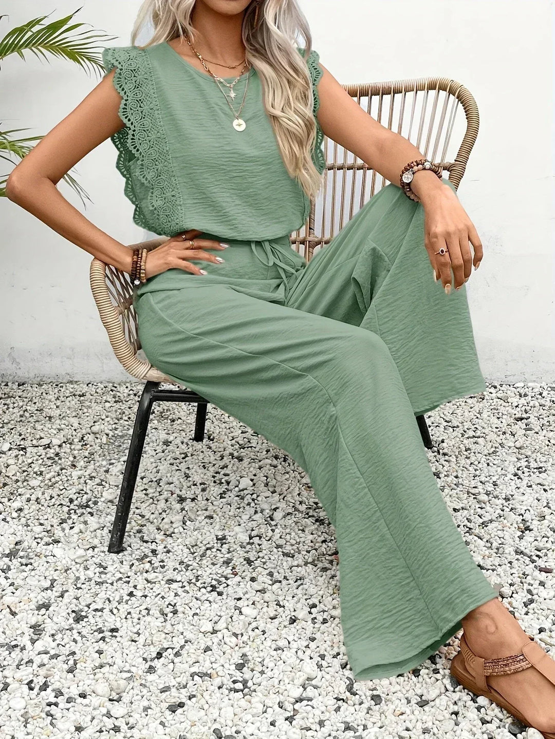 Zella™ Ensemble Élégant | Haut Bordé de Dentelle et Pantalon Large