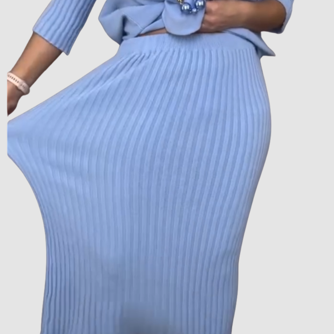 Delissa™ Ensemble Élégant | Haut Décontracté et Jupe Midi Côtelée