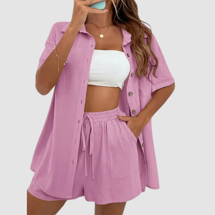 Françoise™ Ensemble Estival Élégant | Haut Boutonné Manches Courtes et Short à Cordon