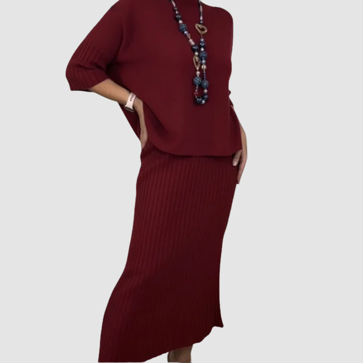 Delissa™ Ensemble Élégant | Haut Décontracté et Jupe Midi Côtelée