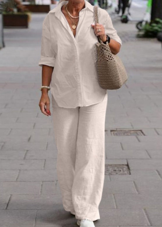 Denise™ Ensemble Casual Élégant | Haut Boutonné Décontracté et Pantalon Large