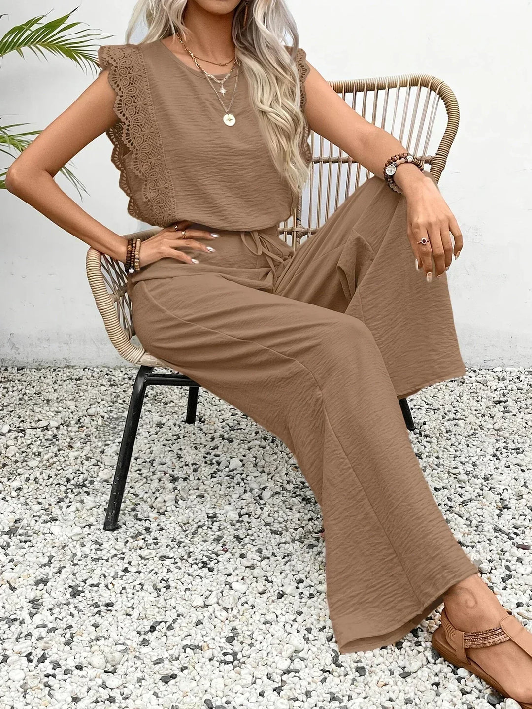 Zella™ Ensemble Élégant | Haut Bordé de Dentelle et Pantalon Large