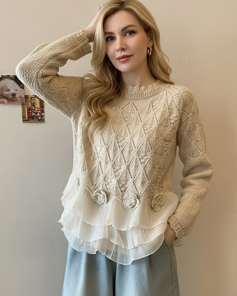 Élise | Pull en maille raffinée avec volants en soie