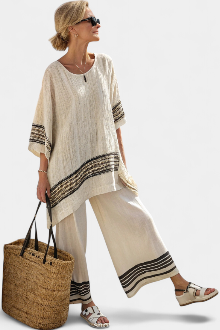 Alodie™ Ensemble Élégant | Haut Rayé et Pantalon Large
