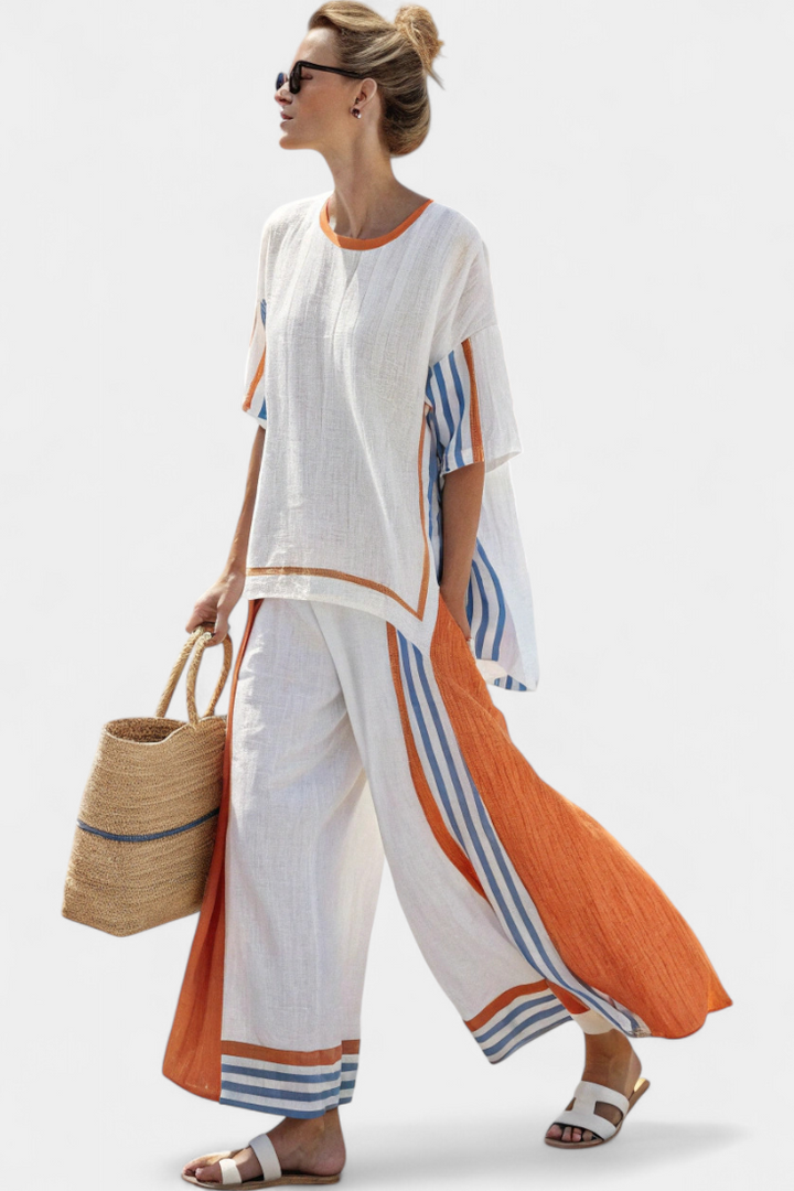 Alodie™ Ensemble Élégant | Haut Rayé et Pantalon Large
