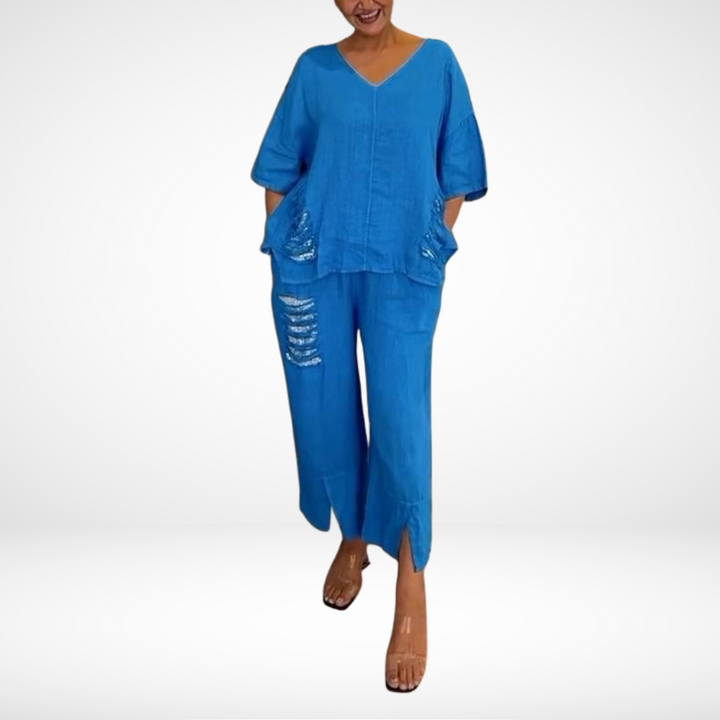 Briella™ Ensemble Estival Élégant | Haut Col V et Pantalon Large