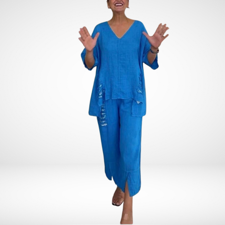 Briella™ Ensemble Estival Élégant | Haut Col V et Pantalon Large