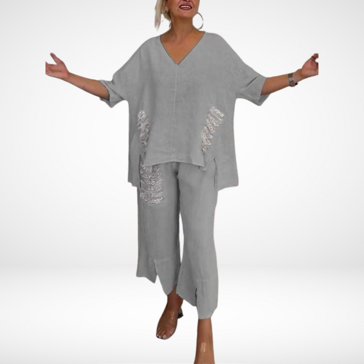 Briella™ Ensemble Estival Élégant | Haut Col V et Pantalon Large