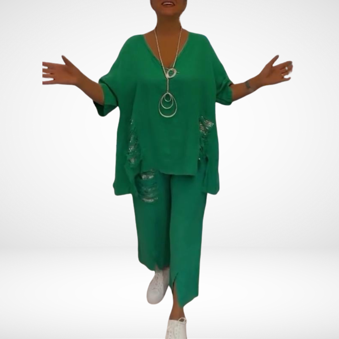 Briella™ Ensemble Estival Élégant | Haut Col V et Pantalon Large