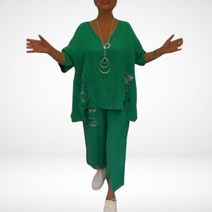 Briella™ Ensemble Estival Élégant | Haut Col V et Pantalon Large