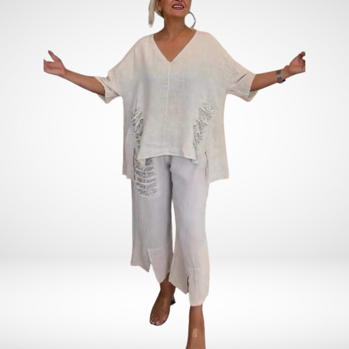 Briella™ Ensemble Estival Élégant | Haut Col V et Pantalon Large