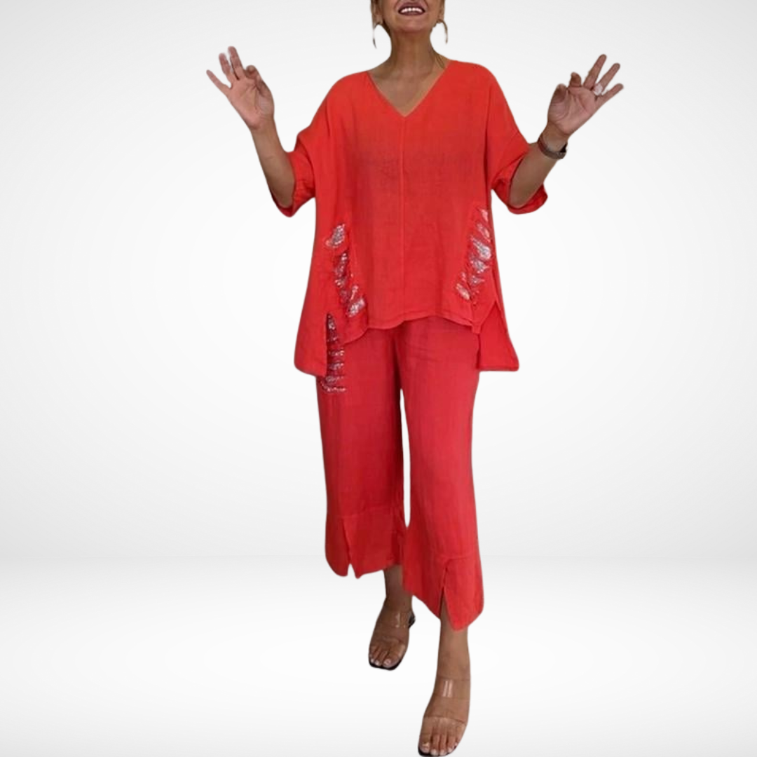 Briella™ Ensemble Estival Élégant | Haut Col V et Pantalon Large