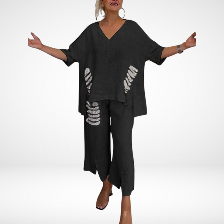Briella™ Ensemble Estival Élégant | Haut Col V et Pantalon Large