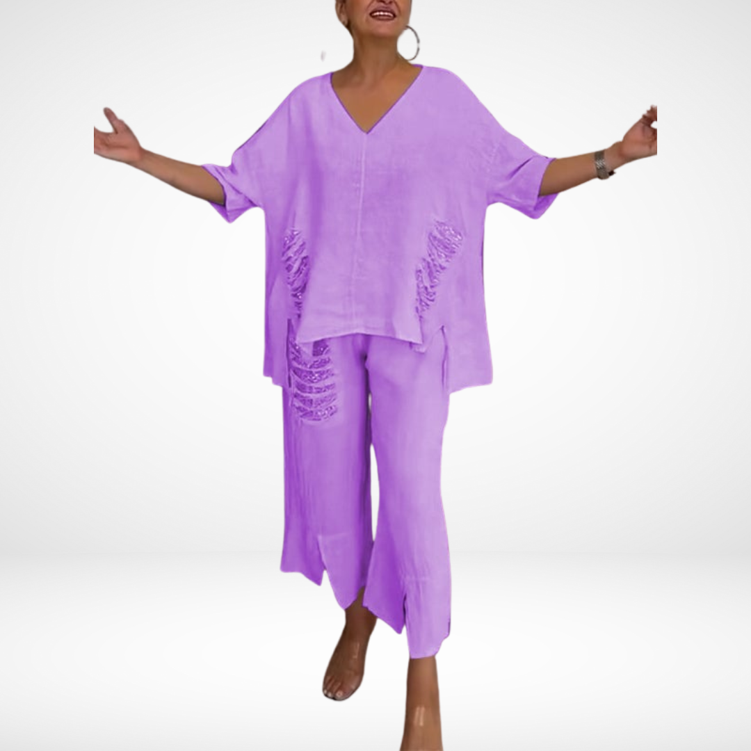 Briella™ Ensemble Estival Élégant | Haut Col V et Pantalon Large