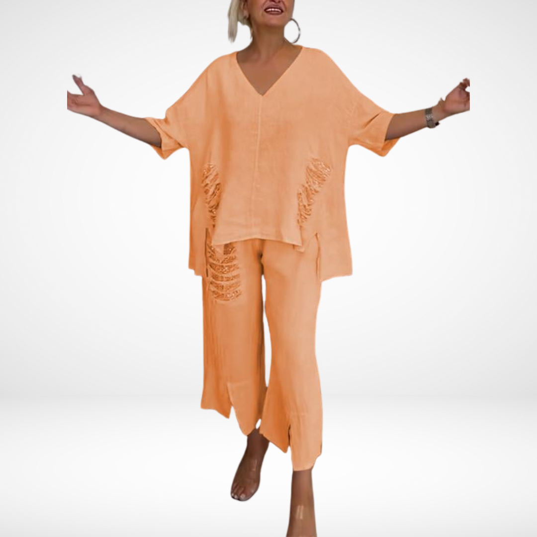 Briella™ Ensemble Estival Élégant | Haut Col V et Pantalon Large