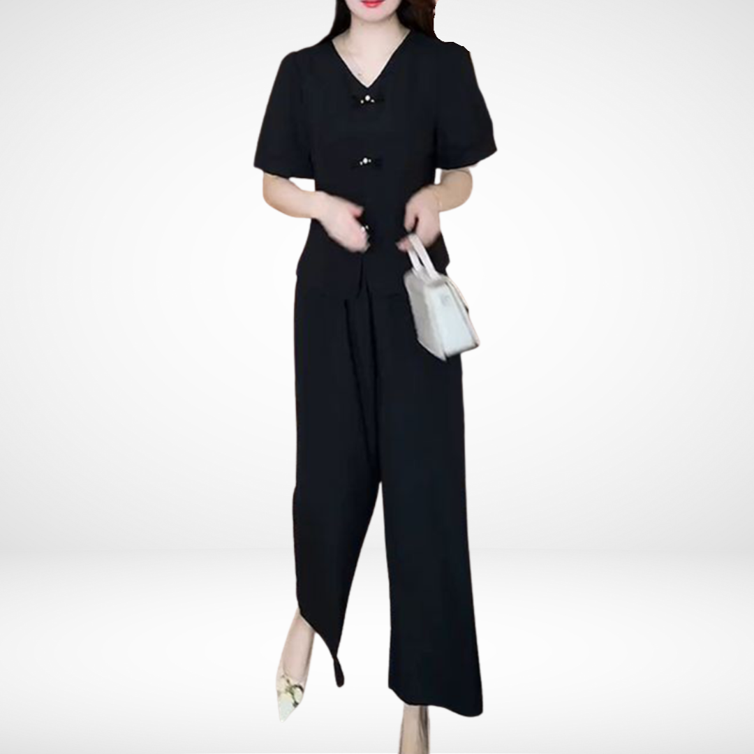Elsie™ Ensemble Manches Courtes | Haut Col V et Pantalon Large