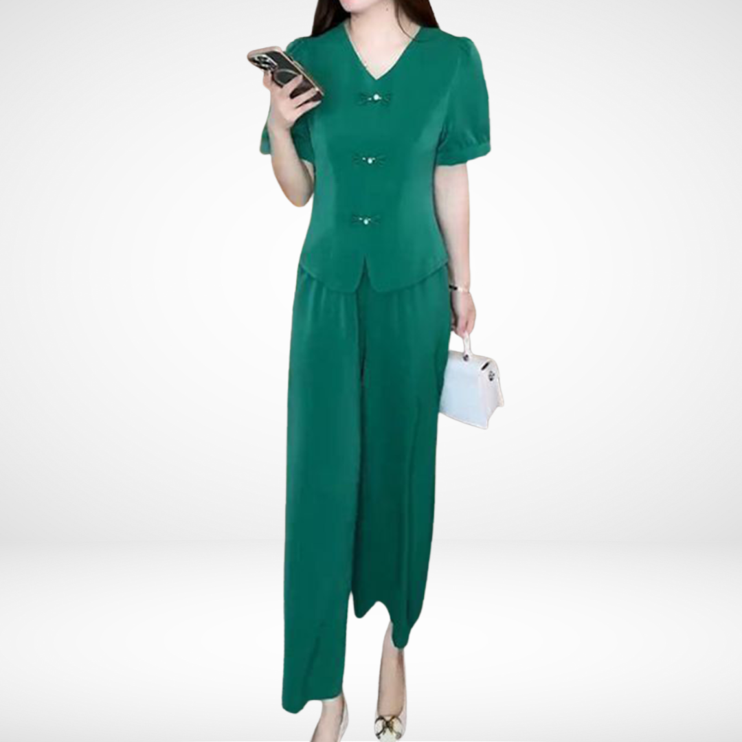 Elsie™ Ensemble Manches Courtes | Haut Col V et Pantalon Large