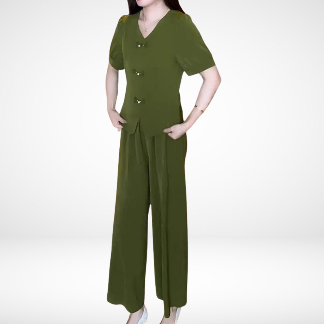 Elsie™ Ensemble Manches Courtes | Haut Col V et Pantalon Large