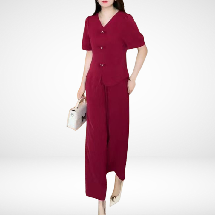 Elsie™ Ensemble Manches Courtes | Haut Col V et Pantalon Large
