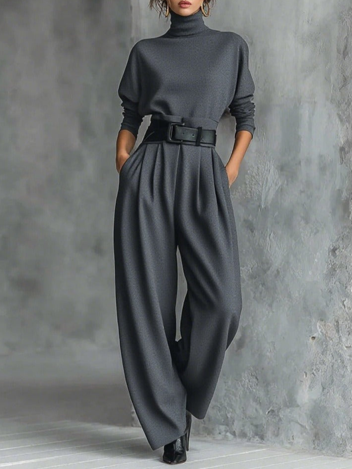 Jessica™ Ensemble Haut Élégant et Pantalon Droit | Col Roulé Ajusté et Pantalon Taillé