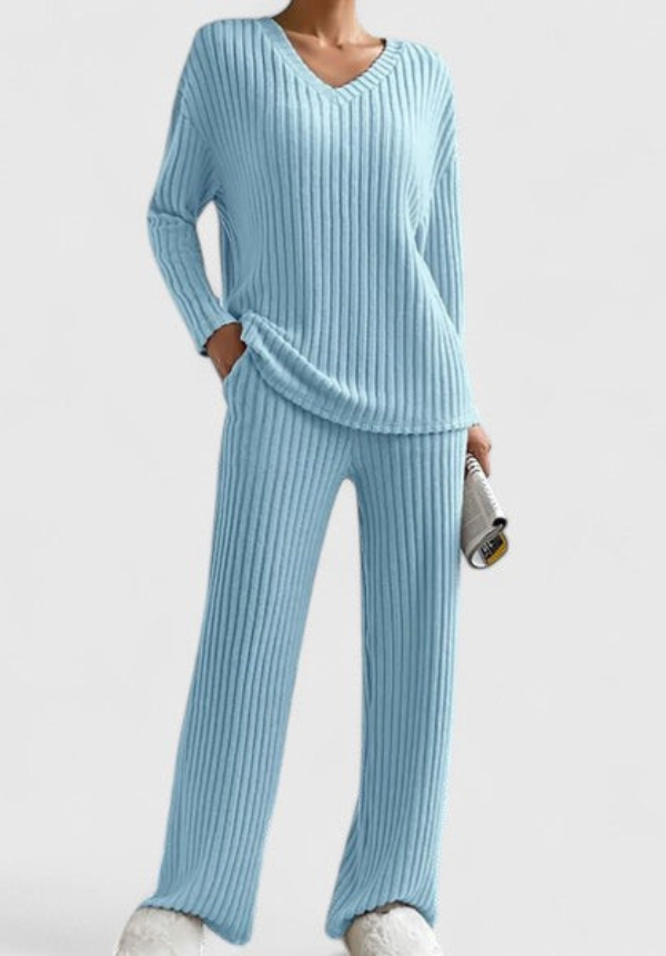 Angéline™ Ensemble Confortable | Pull Col V et Pantalon Large Côtelé