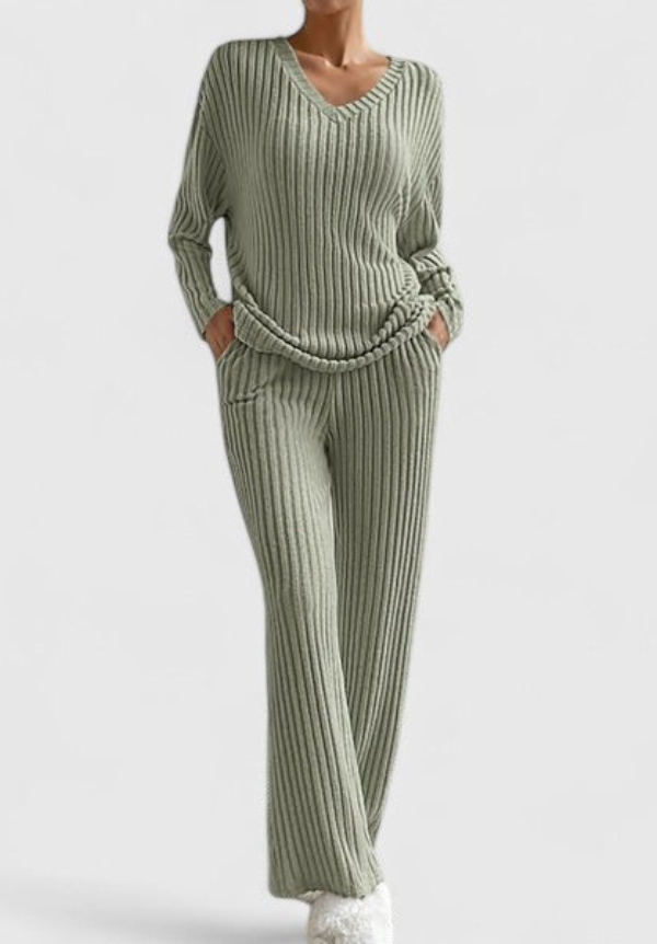 Angéline™ Ensemble Confortable | Pull Col V et Pantalon Large Côtelé