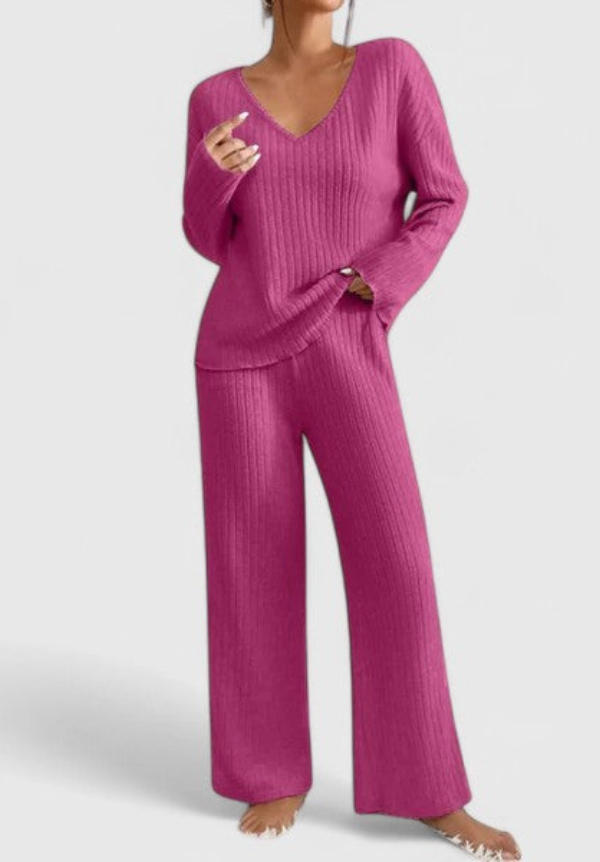 Angéline™ Ensemble Confortable | Pull Col V et Pantalon Large Côtelé