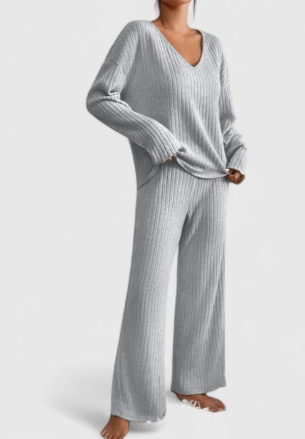 Angéline™ Ensemble Confortable | Pull Col V et Pantalon Large Côtelé