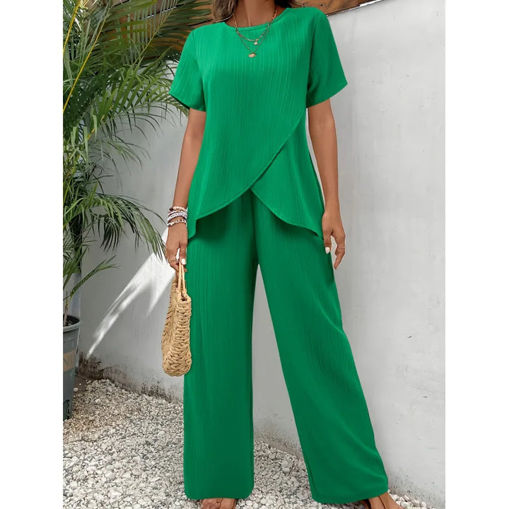Lorina™ Ensemble Doux et Élégant | Blouse Asymétrique et Pantalon Décontracté