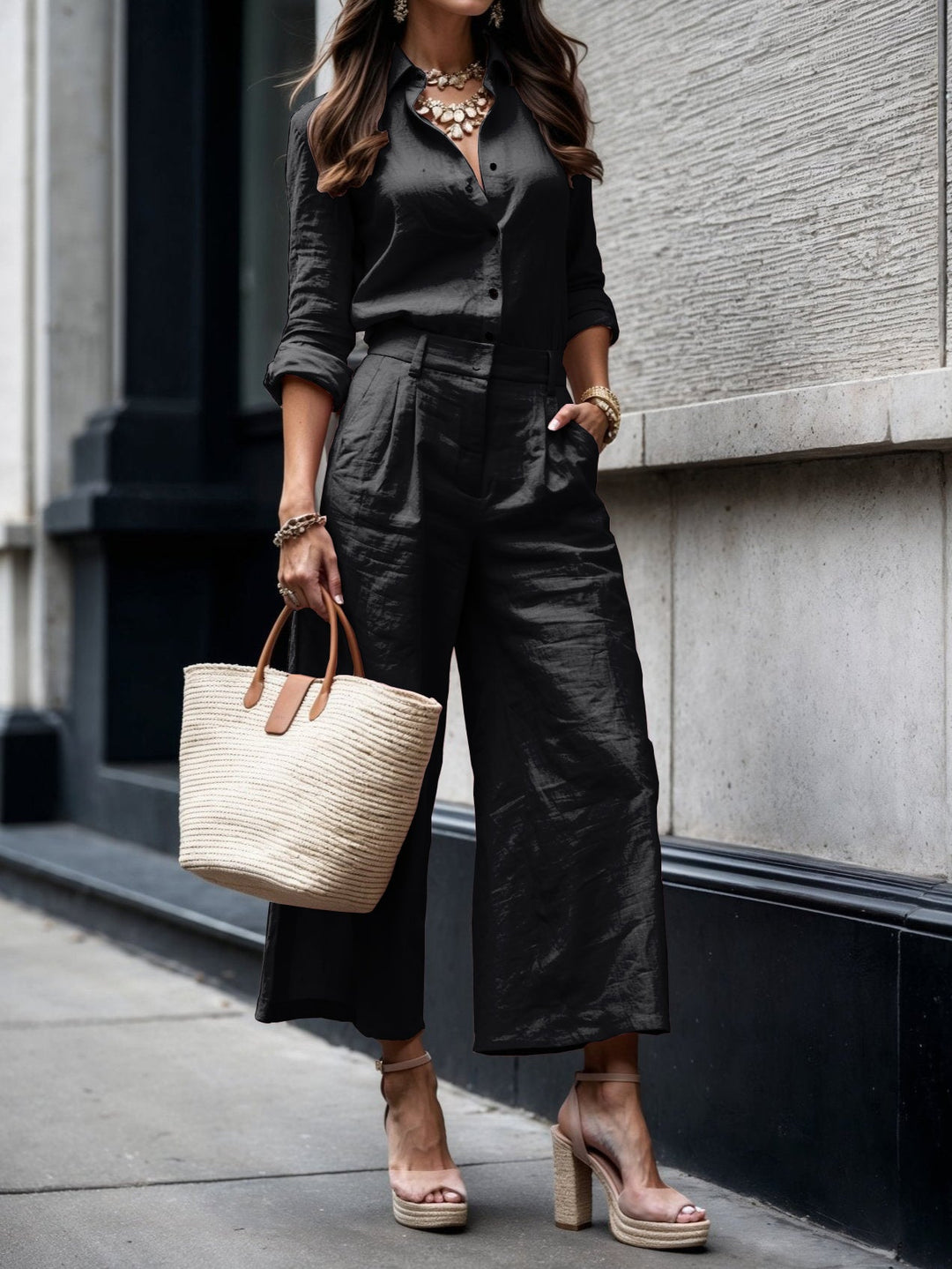 Nelle™ Ensemble Chemise et Capri Élégant | Chemise Décontractée et Pantalon Court