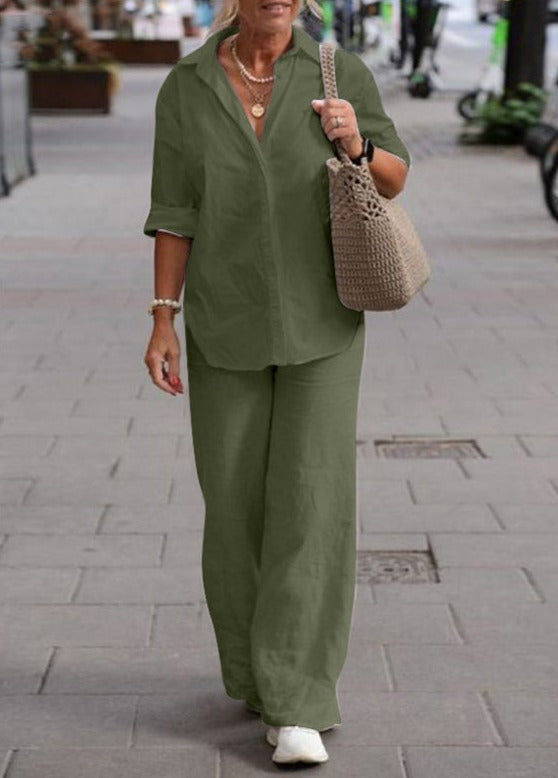 Denise™ Ensemble Casual Élégant | Haut Boutonné Décontracté et Pantalon Large
