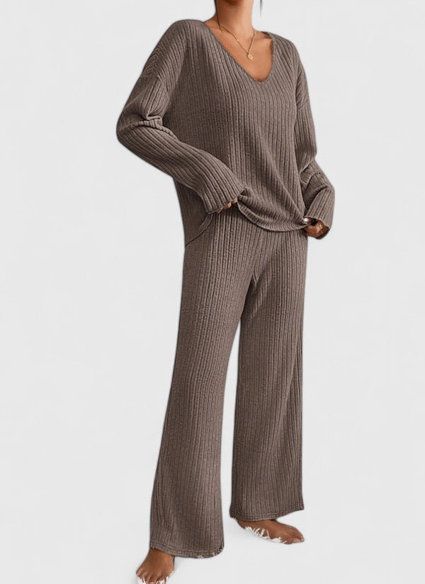 Angéline™ Ensemble Confortable | Pull Col V et Pantalon Large Côtelé