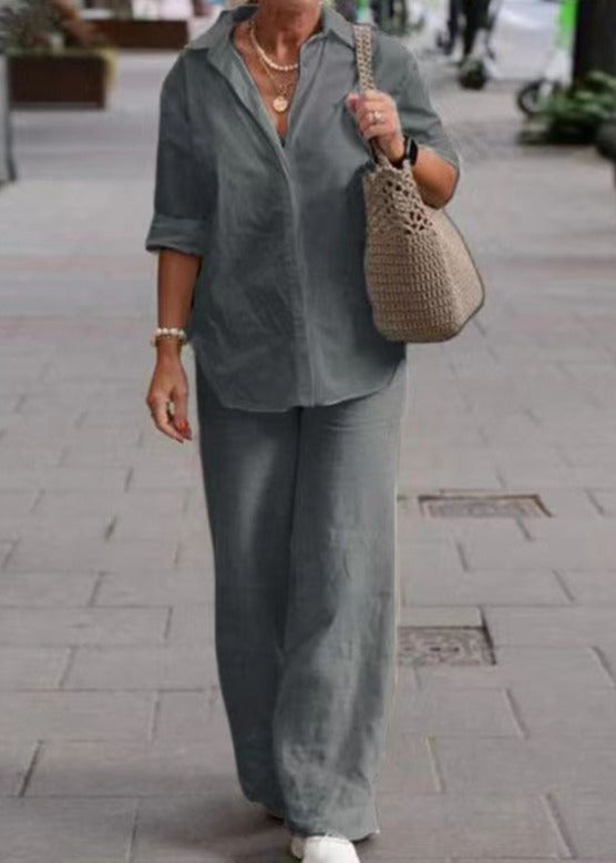 Denise™ Ensemble Casual Élégant | Haut Boutonné Décontracté et Pantalon Large