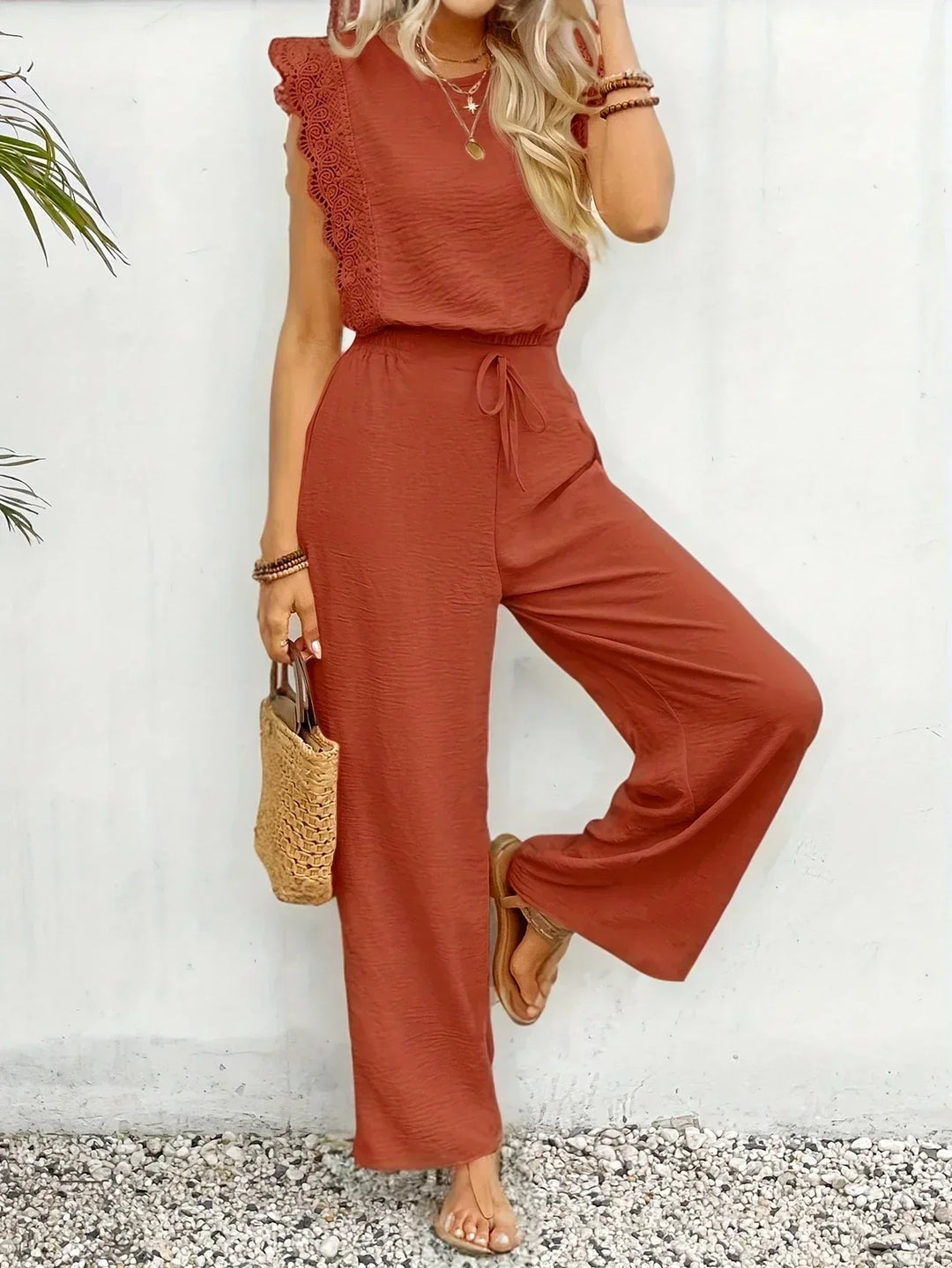 Zella™ Ensemble Élégant | Haut Bordé de Dentelle et Pantalon Large