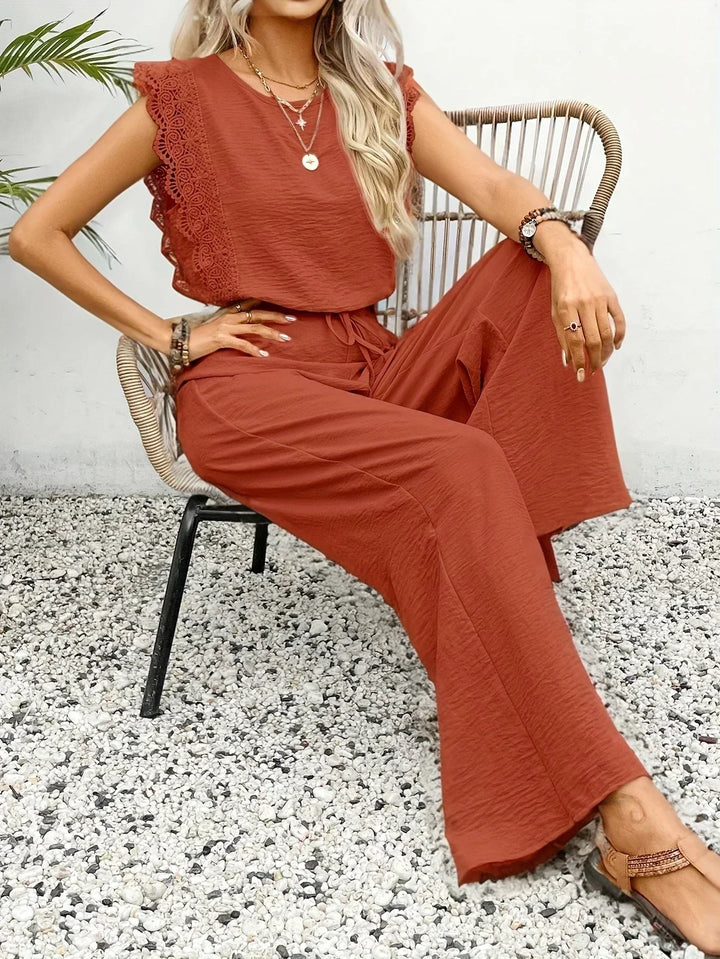 Zella™ Ensemble Élégant | Haut Bordé de Dentelle et Pantalon Large