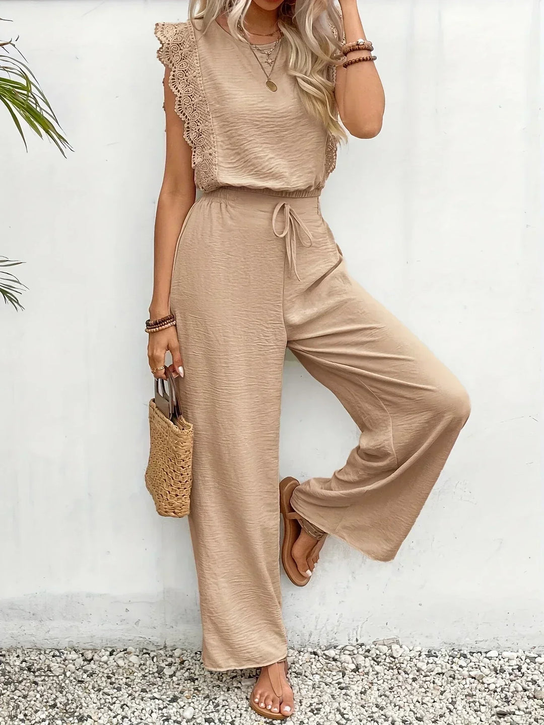 Zella™ Ensemble Élégant | Haut Bordé de Dentelle et Pantalon Large