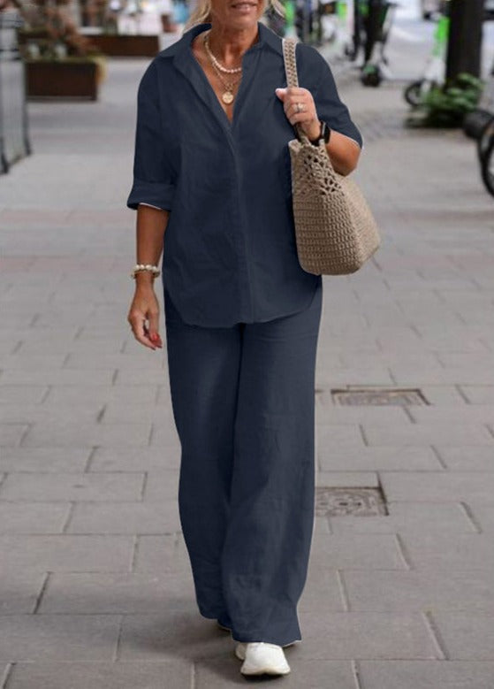 Denise™ Ensemble Casual Élégant | Haut Boutonné Décontracté et Pantalon Large