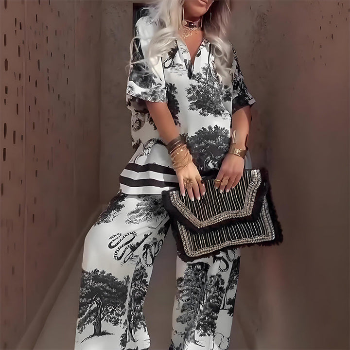 Linette™ Haut Col V Imprimé et Pantalon Long | Ensemble Décontracté